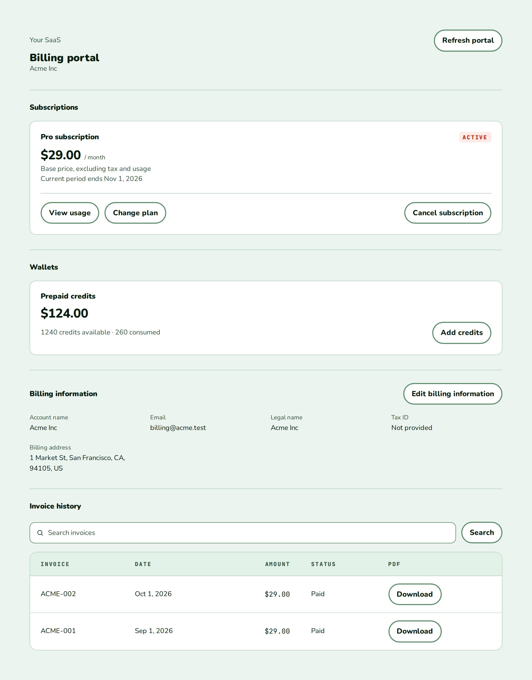 BillingPortal with a Pro subscription, a prepaid credits wallet, billing information and two paid invoices, nozle theme