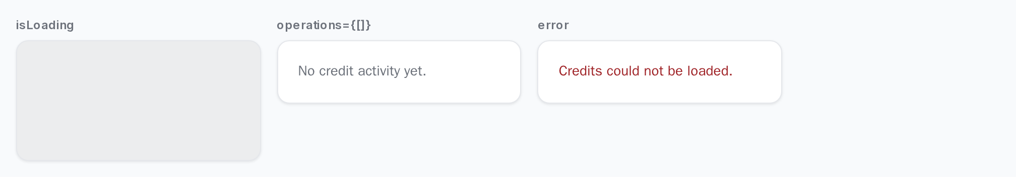 CreditHistory loading placeholder, No credit activity yet message, and an error message, light theme