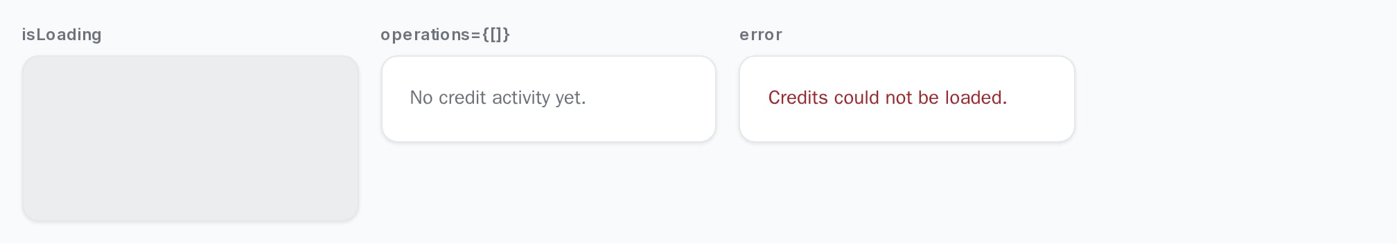 CreditHistory loading placeholder, No credit activity yet message, and an error message, light theme