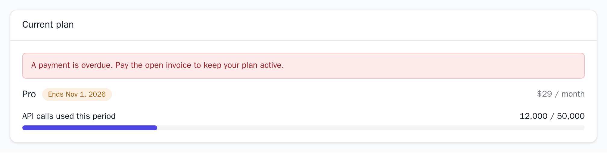 CurrentPlan with the overdue payment alert and the Ends Nov 1, 2026 label, light theme