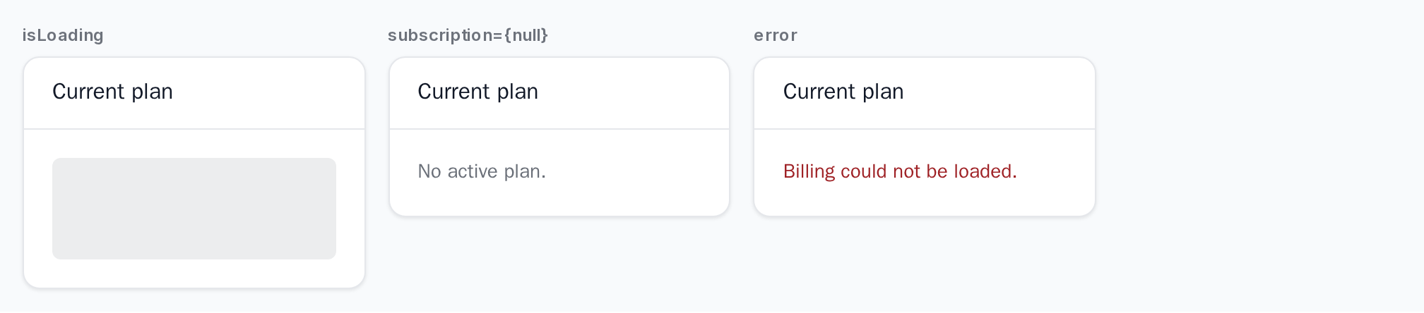 CurrentPlan loading placeholder, No active plan message, and an error message, light theme