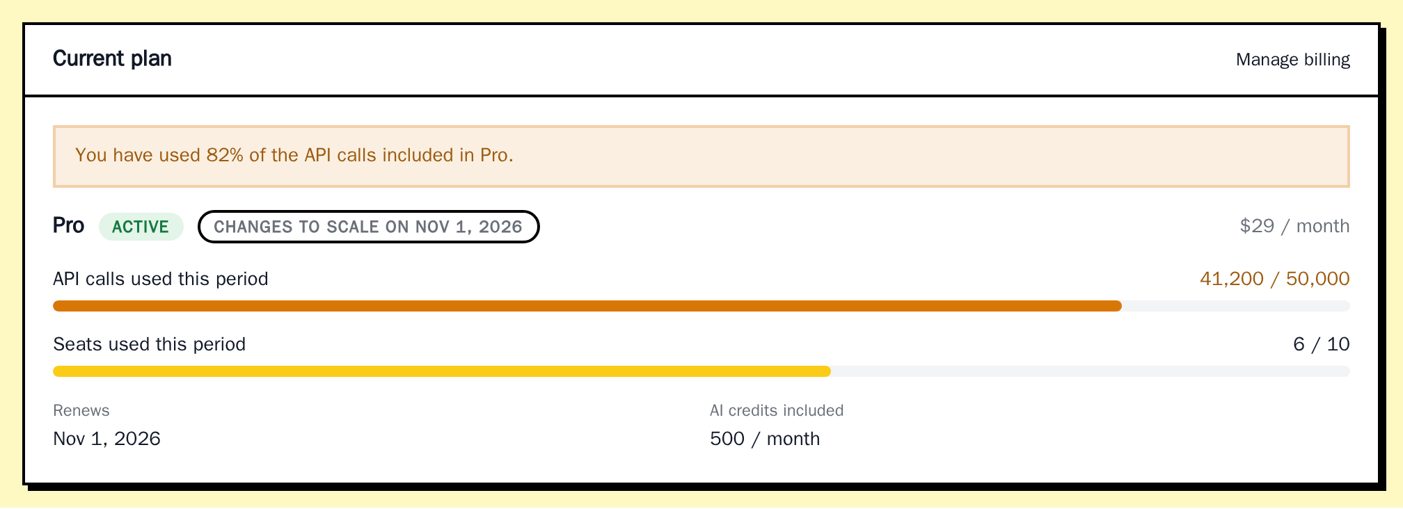 CurrentPlan for Pro with a change to Scale scheduled, an 82% notice for API calls, two meters and two detail rows, neobrutal theme
