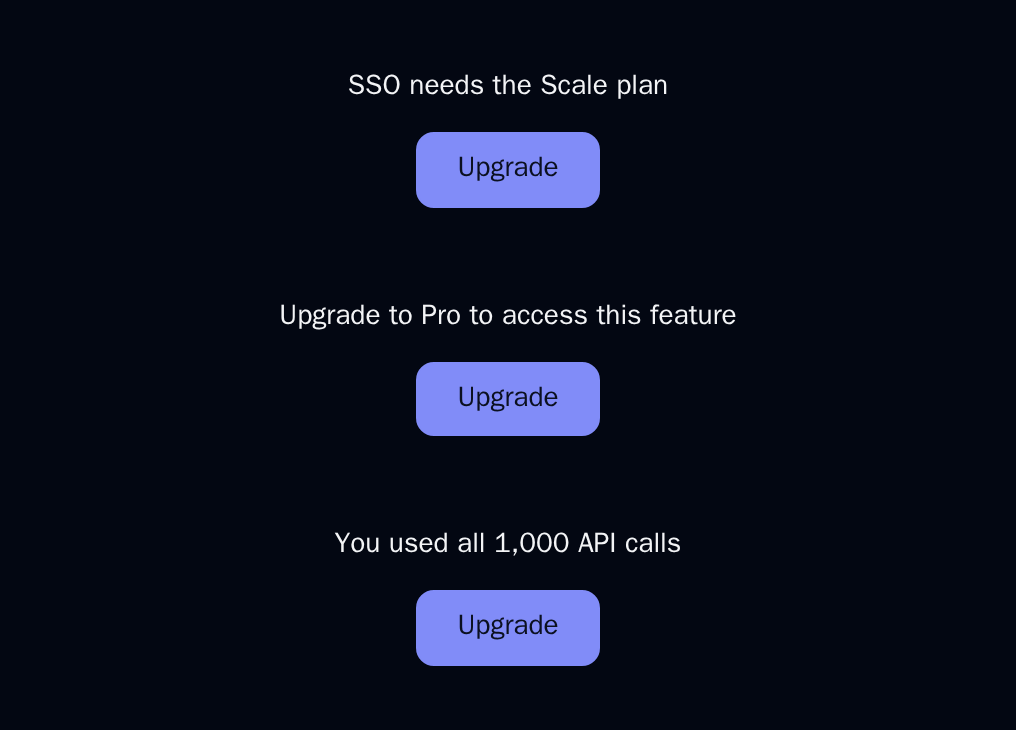 Three UpgradePrompt fallbacks shown by FeatureGate, PlanGate and UsageGate, dark theme