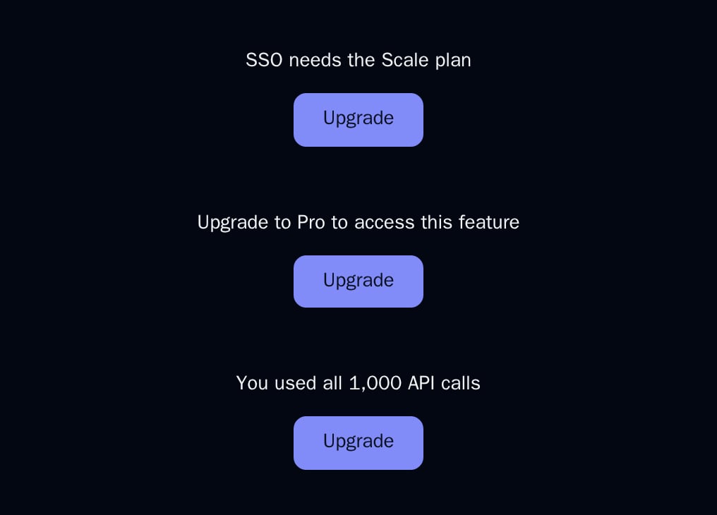Three UpgradePrompt fallbacks shown by FeatureGate, PlanGate and UsageGate, dark theme