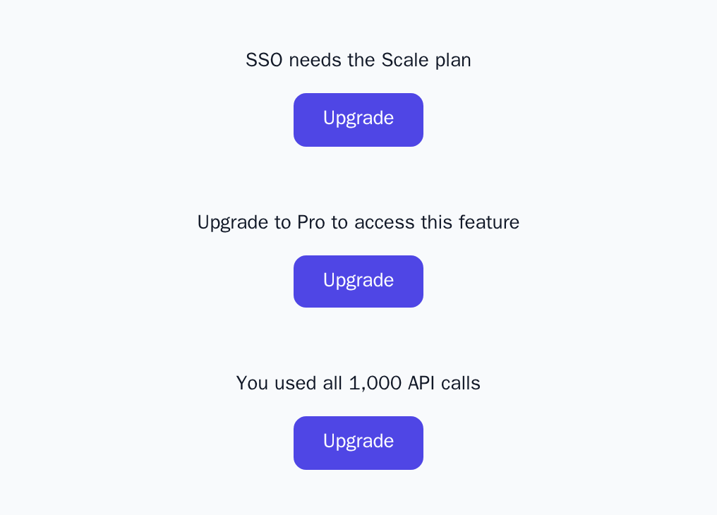 Three UpgradePrompt fallbacks shown by FeatureGate, PlanGate and UsageGate, light theme