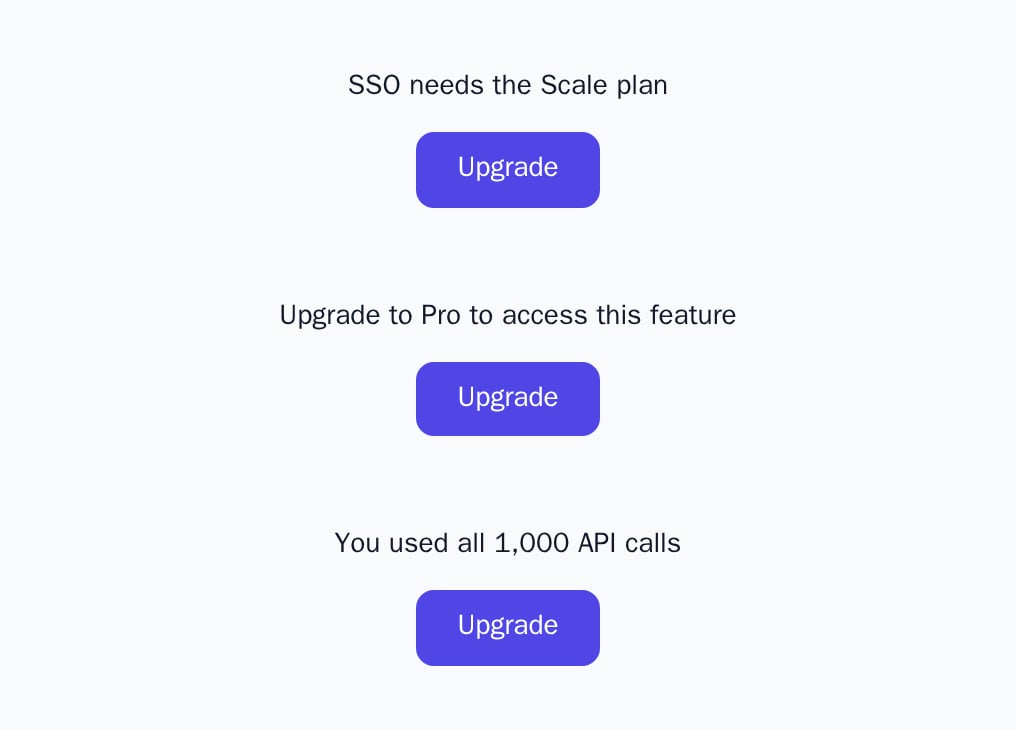 Three UpgradePrompt fallbacks shown by FeatureGate, PlanGate and UsageGate, light theme