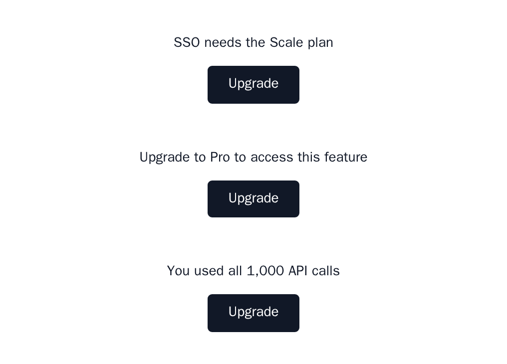 Three UpgradePrompt fallbacks shown by FeatureGate, PlanGate and UsageGate, minimal theme