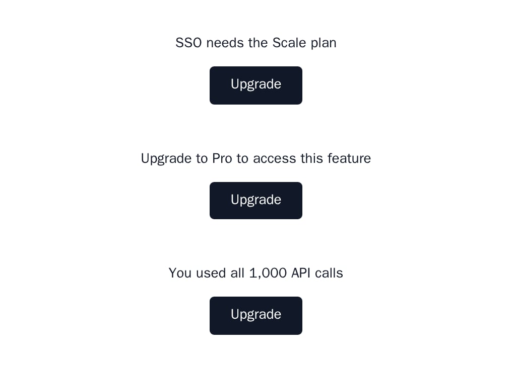 Three UpgradePrompt fallbacks shown by FeatureGate, PlanGate and UsageGate, minimal theme