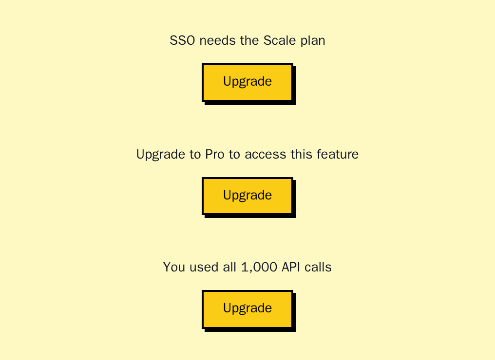 Three UpgradePrompt fallbacks shown by FeatureGate, PlanGate and UsageGate, neobrutal theme