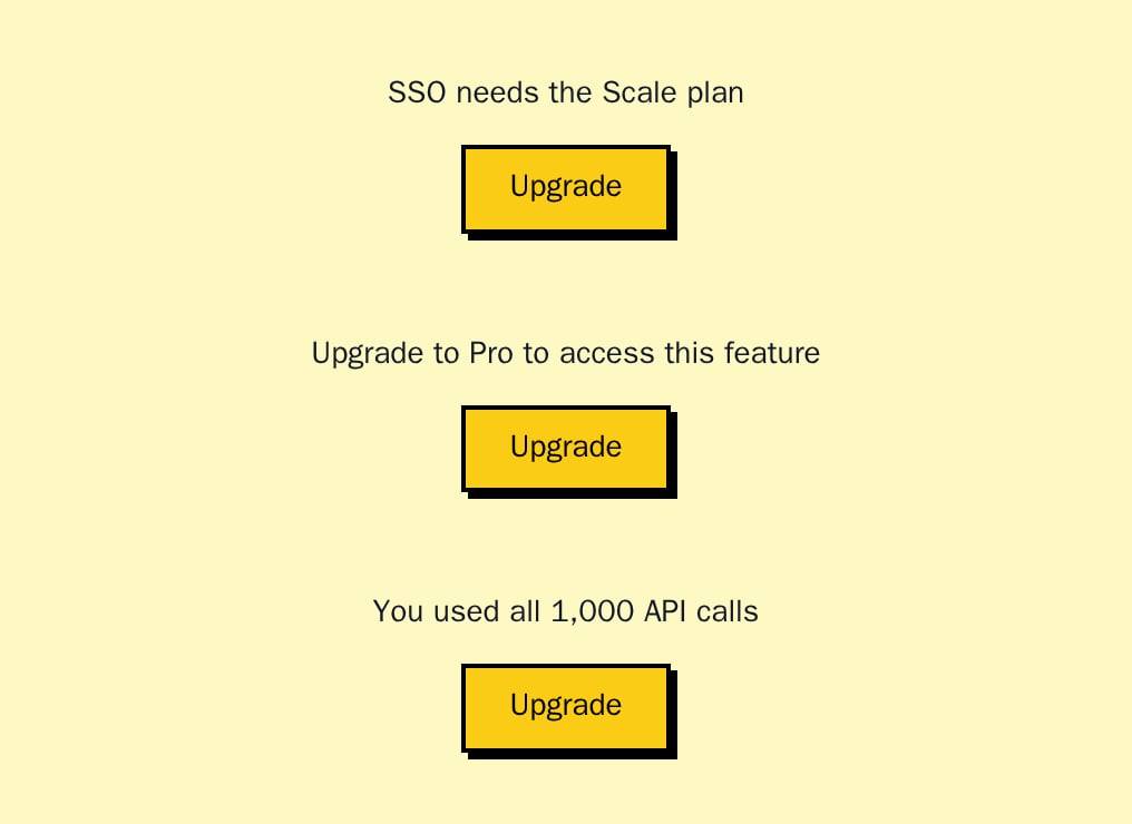 Three UpgradePrompt fallbacks shown by FeatureGate, PlanGate and UsageGate, neobrutal theme