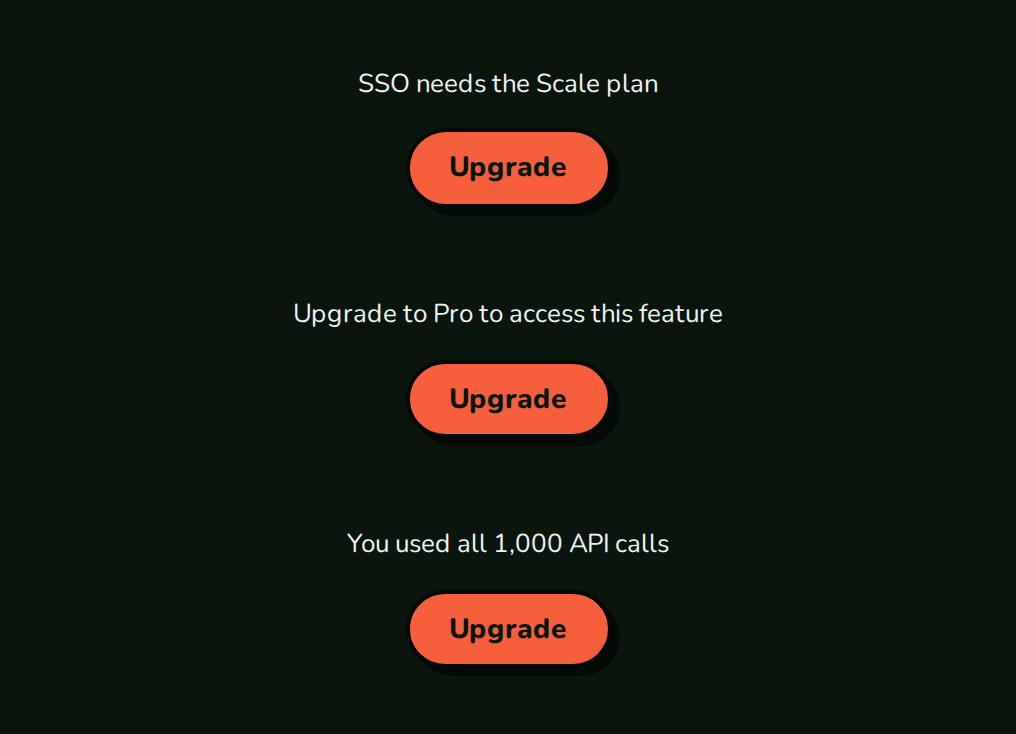 Three UpgradePrompt fallbacks shown by FeatureGate, PlanGate and UsageGate, nozleDark theme