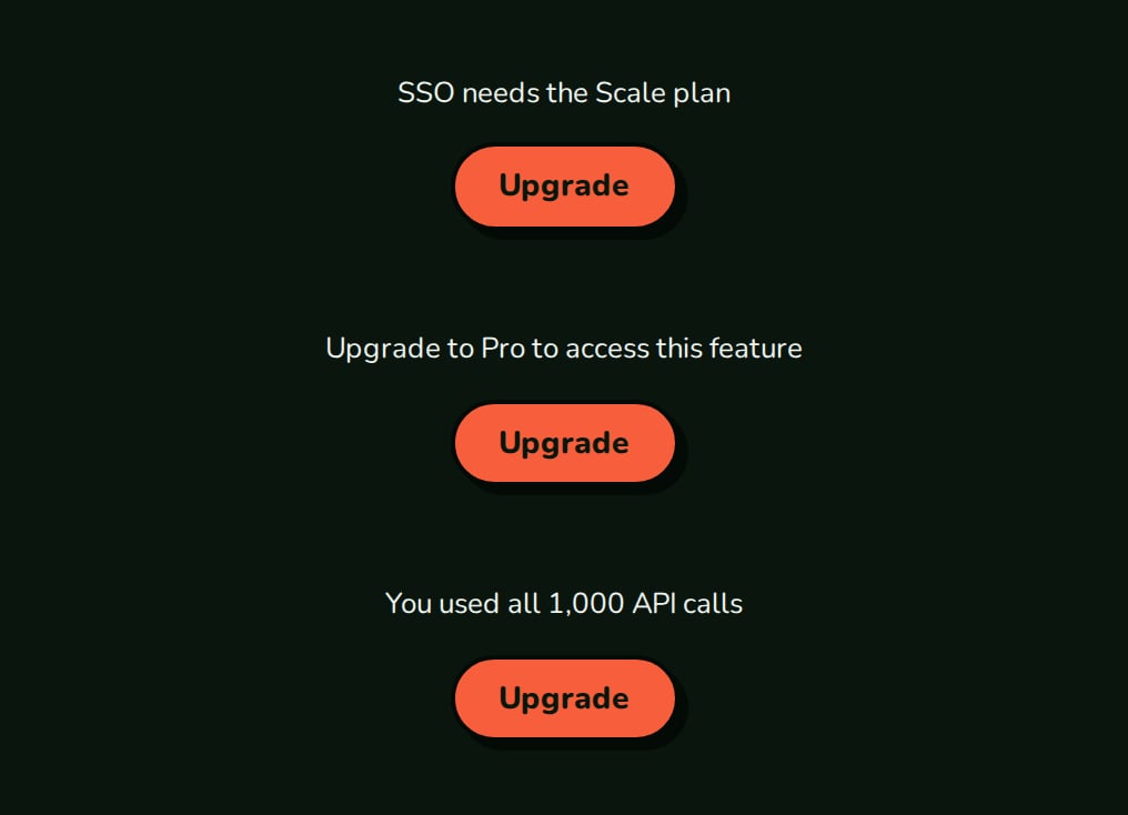 Three UpgradePrompt fallbacks shown by FeatureGate, PlanGate and UsageGate, nozleDark theme