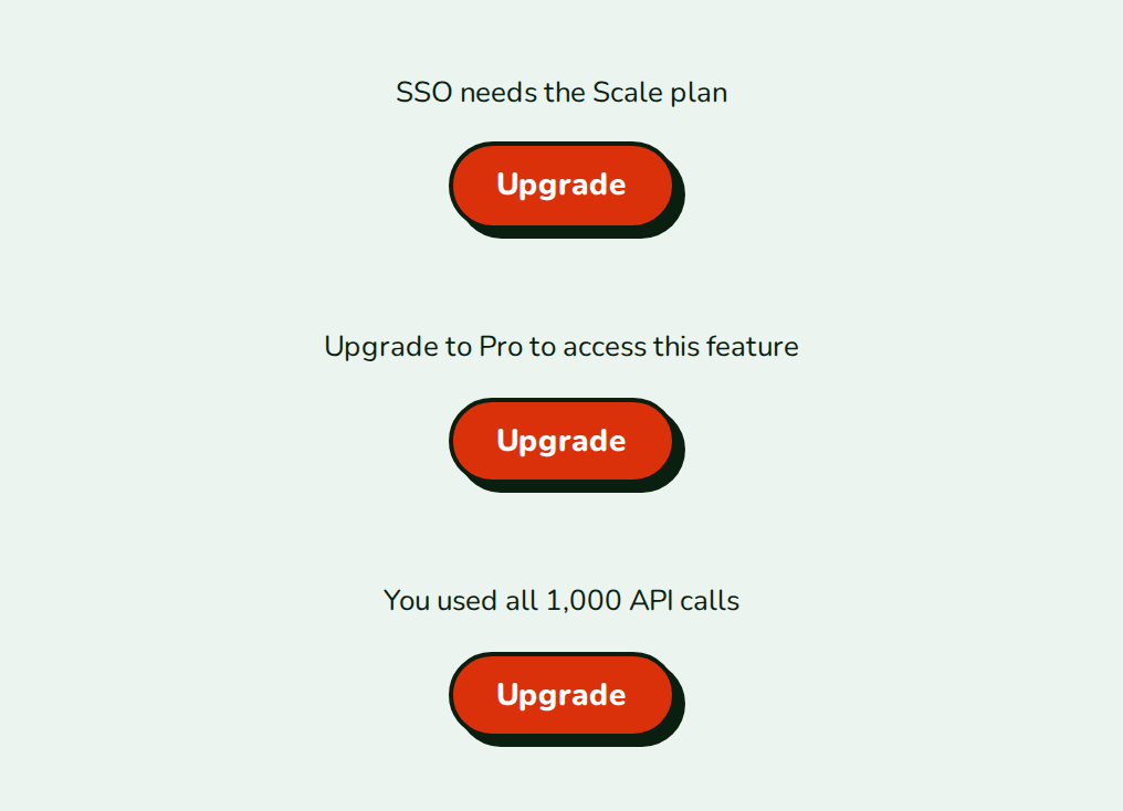 Three UpgradePrompt fallbacks shown by FeatureGate, PlanGate and UsageGate, nozle theme
