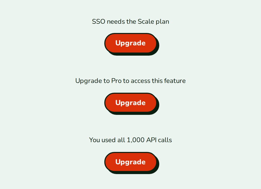Three UpgradePrompt fallbacks shown by FeatureGate, PlanGate and UsageGate, nozle theme