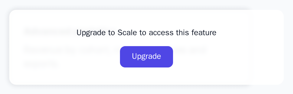 LockedOverlay over a blurred analytics card, with Upgrade to Scale to access this feature and an Upgrade button, light theme