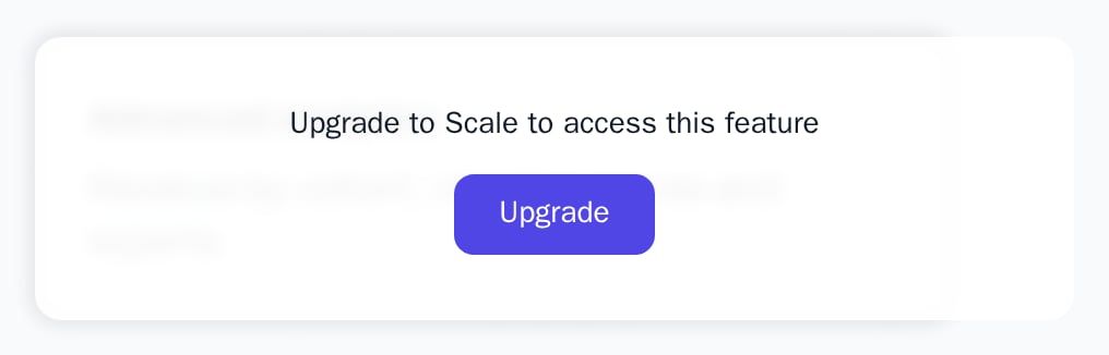 LockedOverlay over a blurred analytics card, with Upgrade to Scale to access this feature and an Upgrade button, light theme