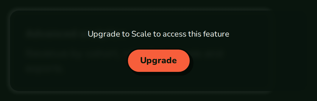 LockedOverlay over a blurred analytics card, with Upgrade to Scale to access this feature and an Upgrade button, nozleDark theme