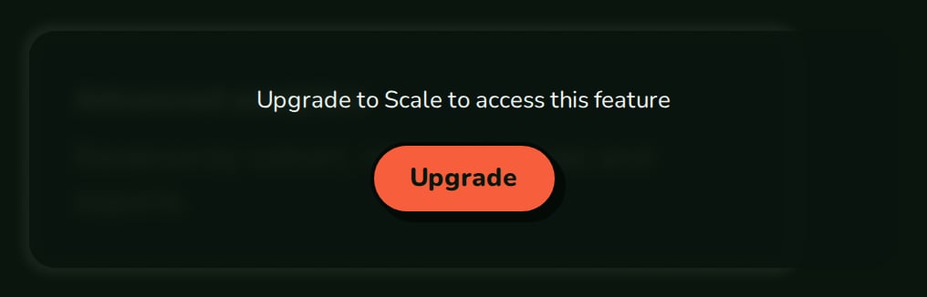 LockedOverlay over a blurred analytics card, with Upgrade to Scale to access this feature and an Upgrade button, nozleDark theme
