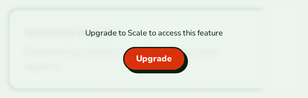 LockedOverlay over a blurred analytics card, with Upgrade to Scale to access this feature and an Upgrade button, nozle theme