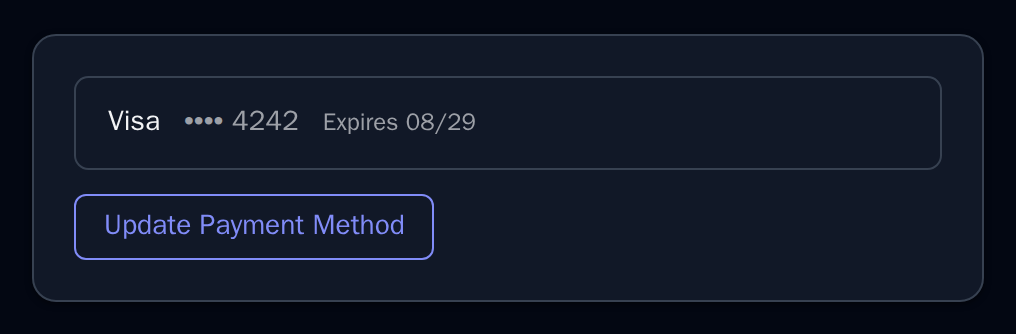 PaymentMethodDisplay with a Visa ending 4242 that expires 08/29, dark theme
