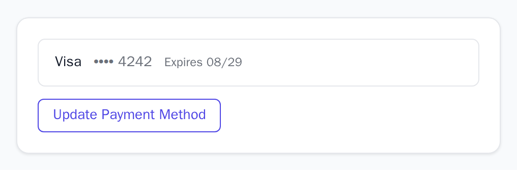 PaymentMethodDisplay with a Visa ending 4242 that expires 08/29, light theme