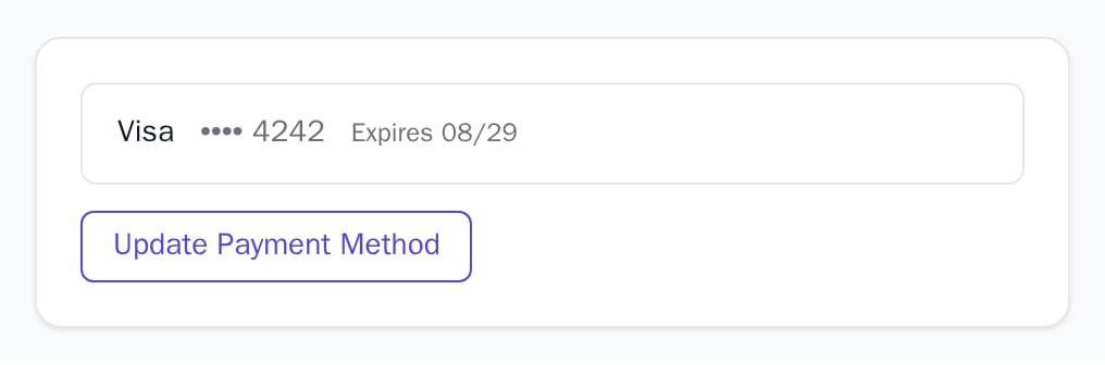 PaymentMethodDisplay with a Visa ending 4242 that expires 08/29, light theme