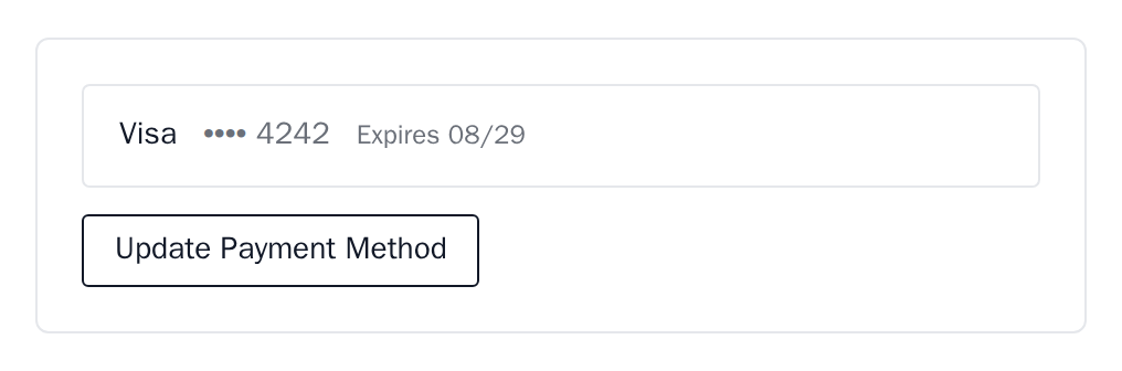PaymentMethodDisplay with a Visa ending 4242 that expires 08/29, minimal theme
