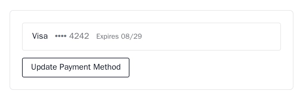 PaymentMethodDisplay with a Visa ending 4242 that expires 08/29, minimal theme