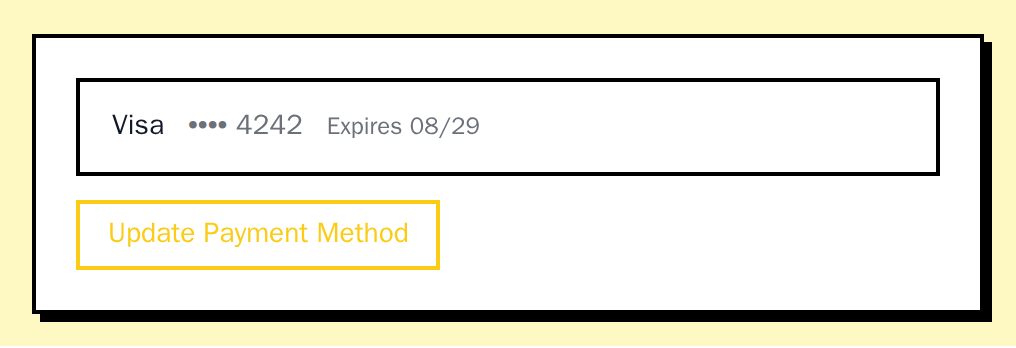 PaymentMethodDisplay with a Visa ending 4242 that expires 08/29, neobrutal theme