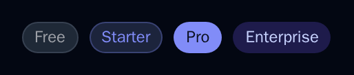 PlanBadge in the free, starter, pro and enterprise tiers, dark theme