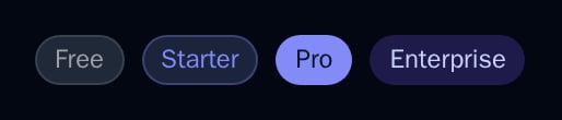 PlanBadge in the free, starter, pro and enterprise tiers, dark theme