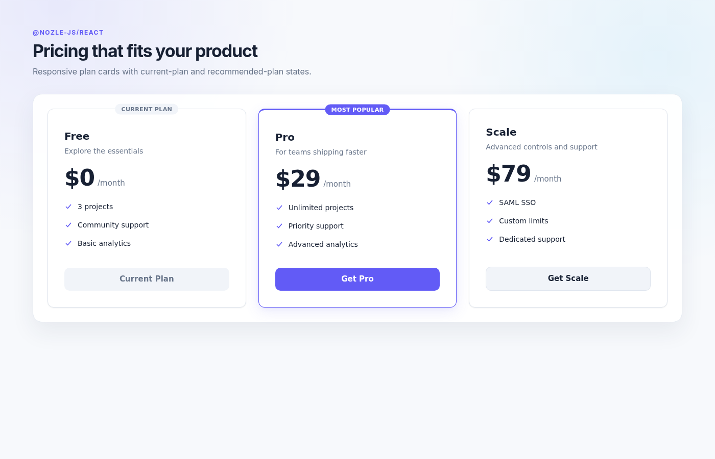 React SDK pricing table