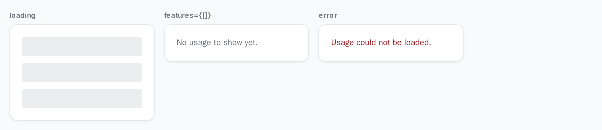 UsageDashboard skeleton, No usage to show yet message, and an error message, light theme