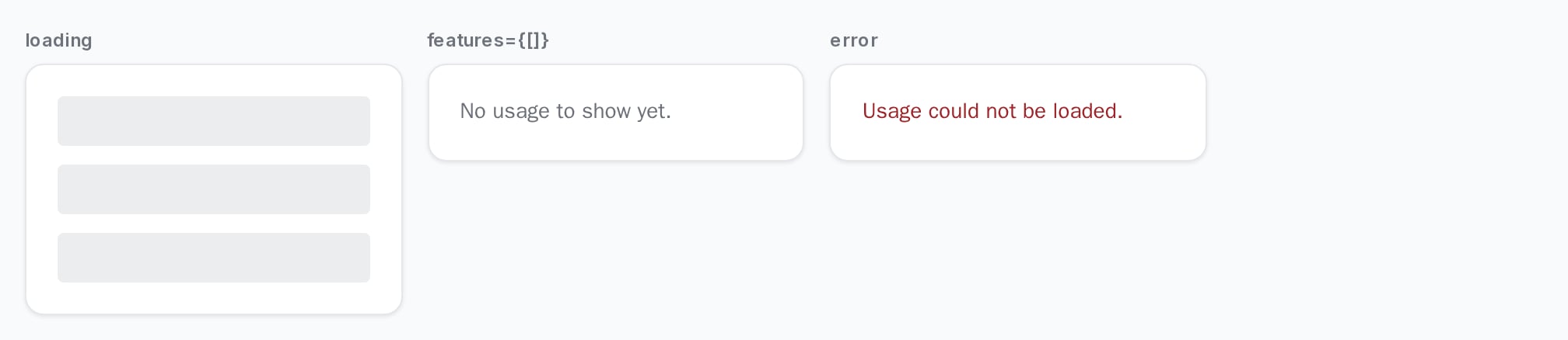 UsageDashboard skeleton, No usage to show yet message, and an error message, light theme