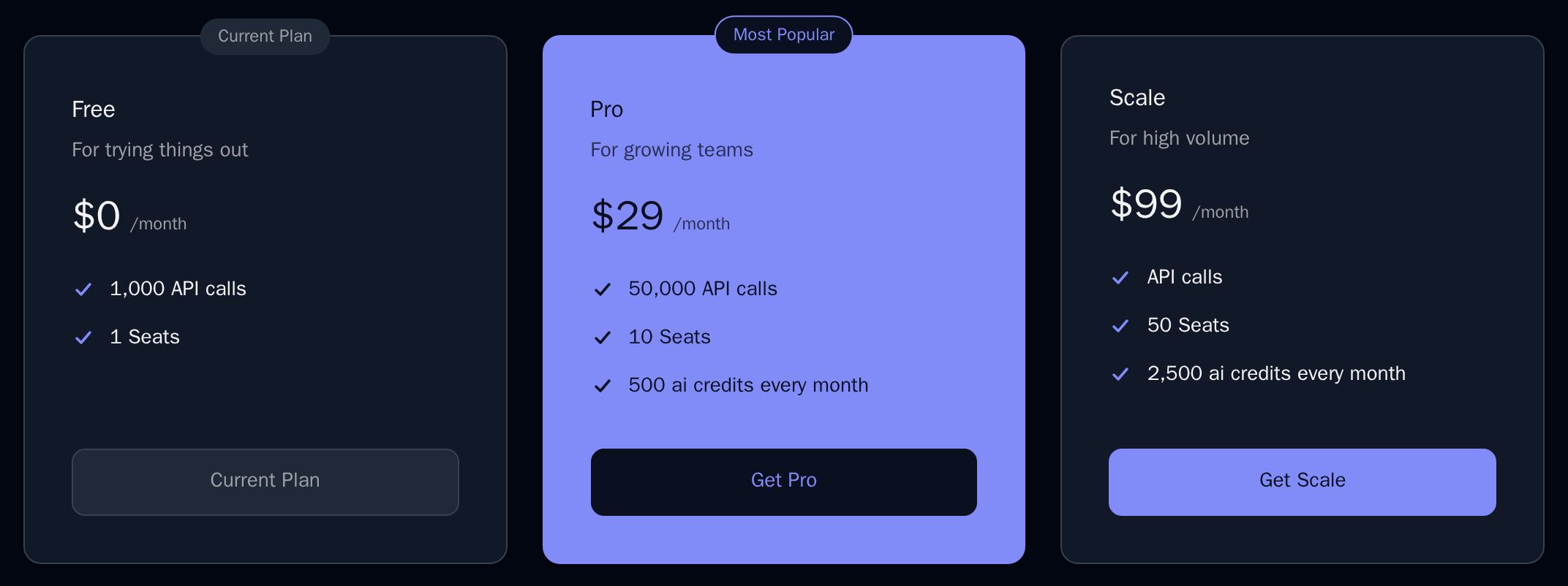 PricingTable in the dark theme with the Pro card filled