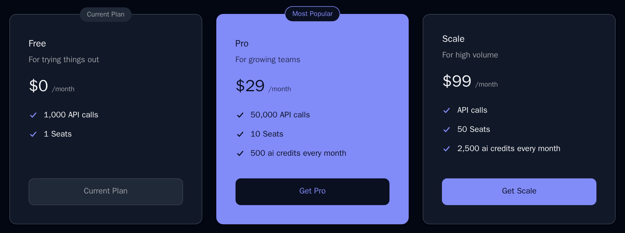 PricingTable in the dark theme with the Pro card filled