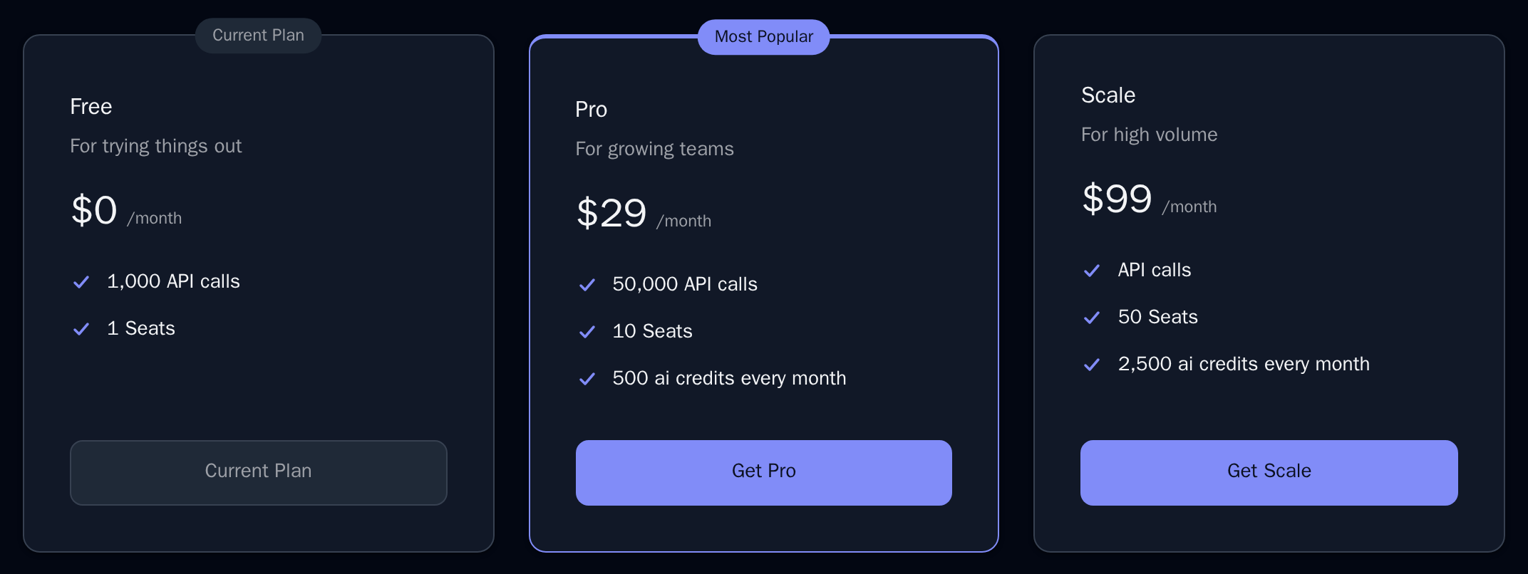 PricingTable in the dark theme with the Pro card outlined