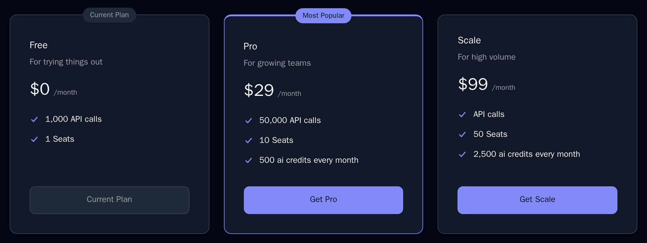 PricingTable in the dark theme with the Pro card outlined