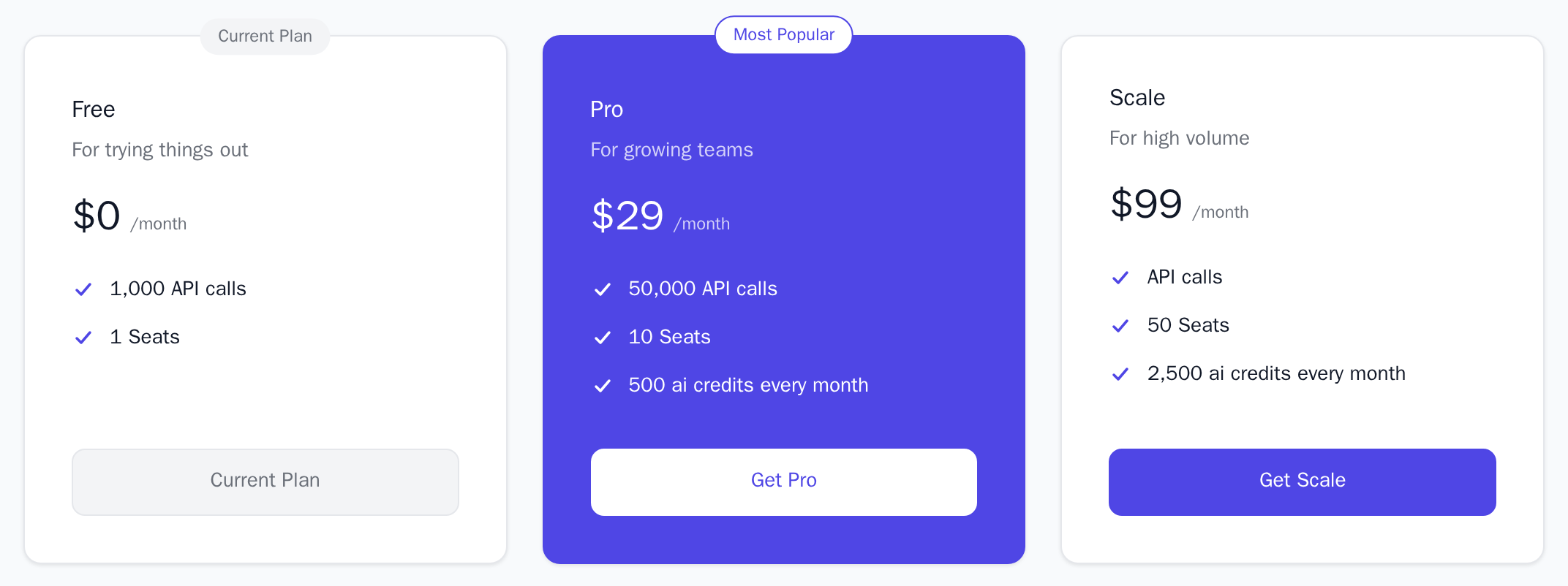 PricingTable in the light theme with the Pro card filled