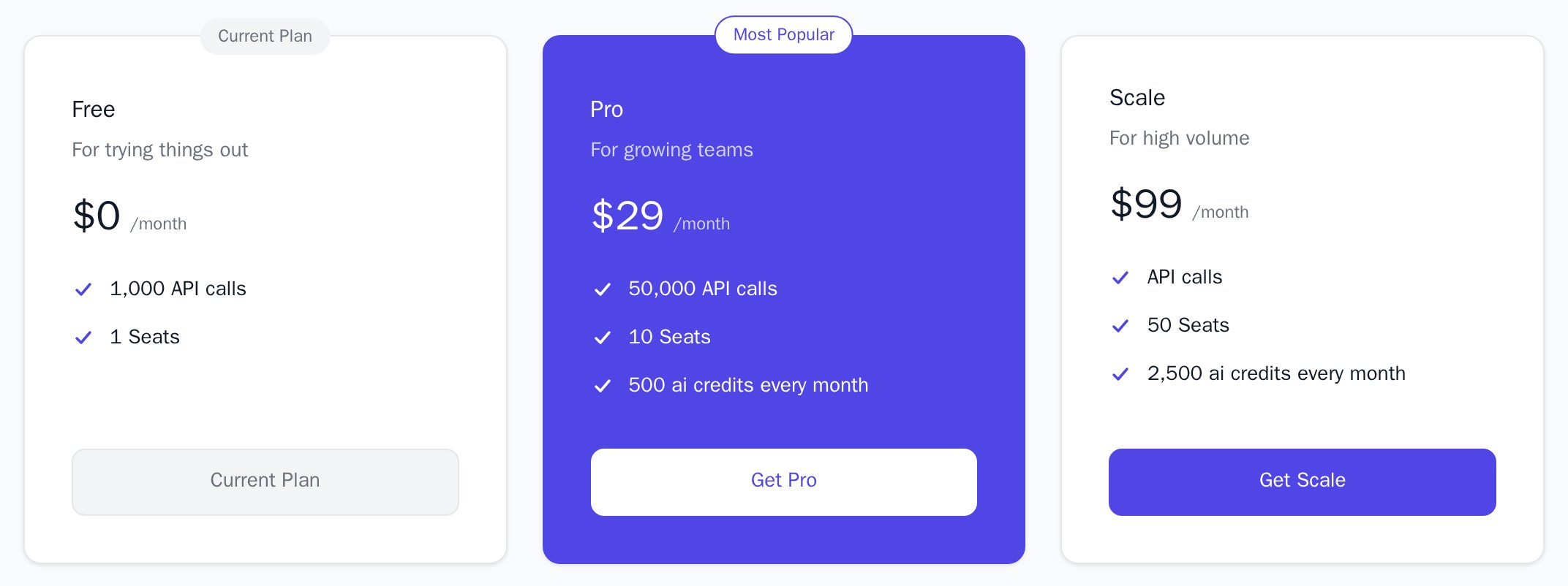 PricingTable in the light theme with the Pro card filled