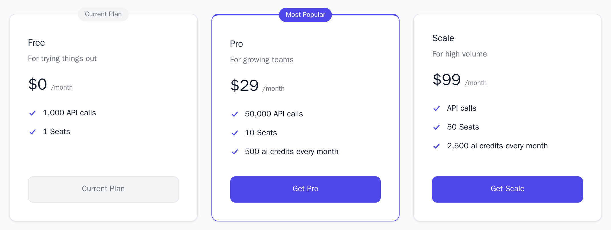 PricingTable in the light theme with the Pro card outlined