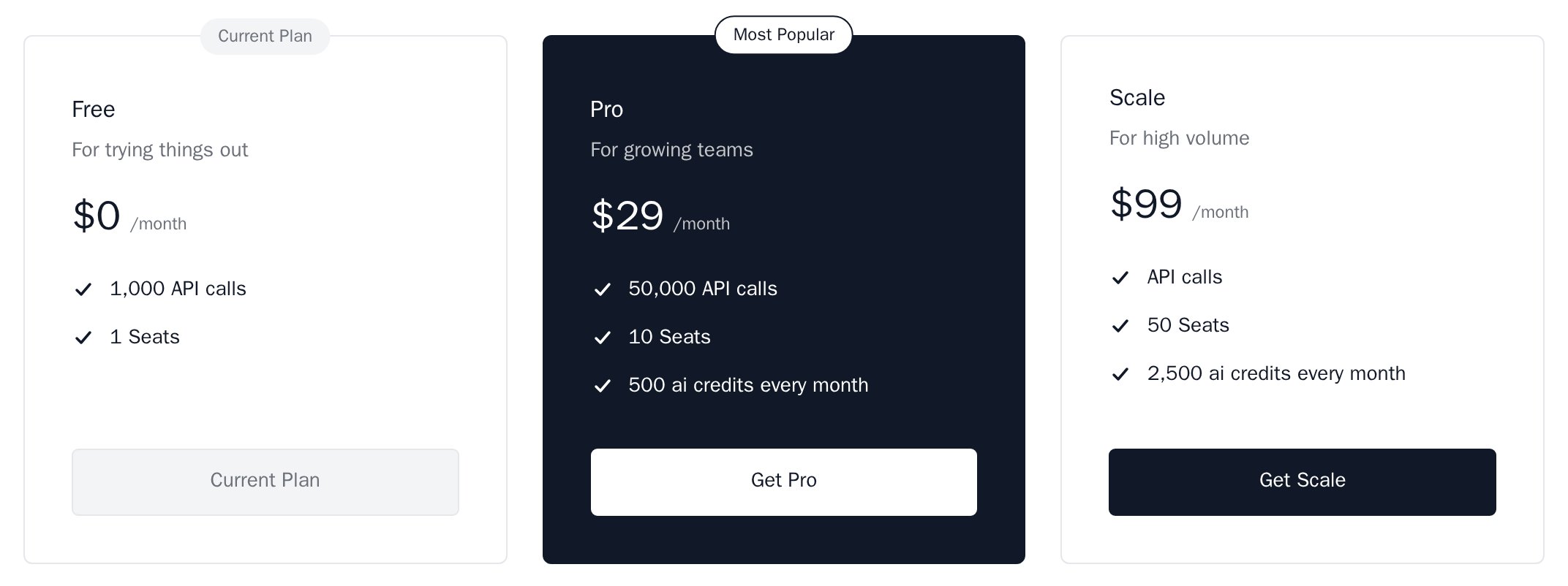 PricingTable in the minimal theme with the Pro card filled