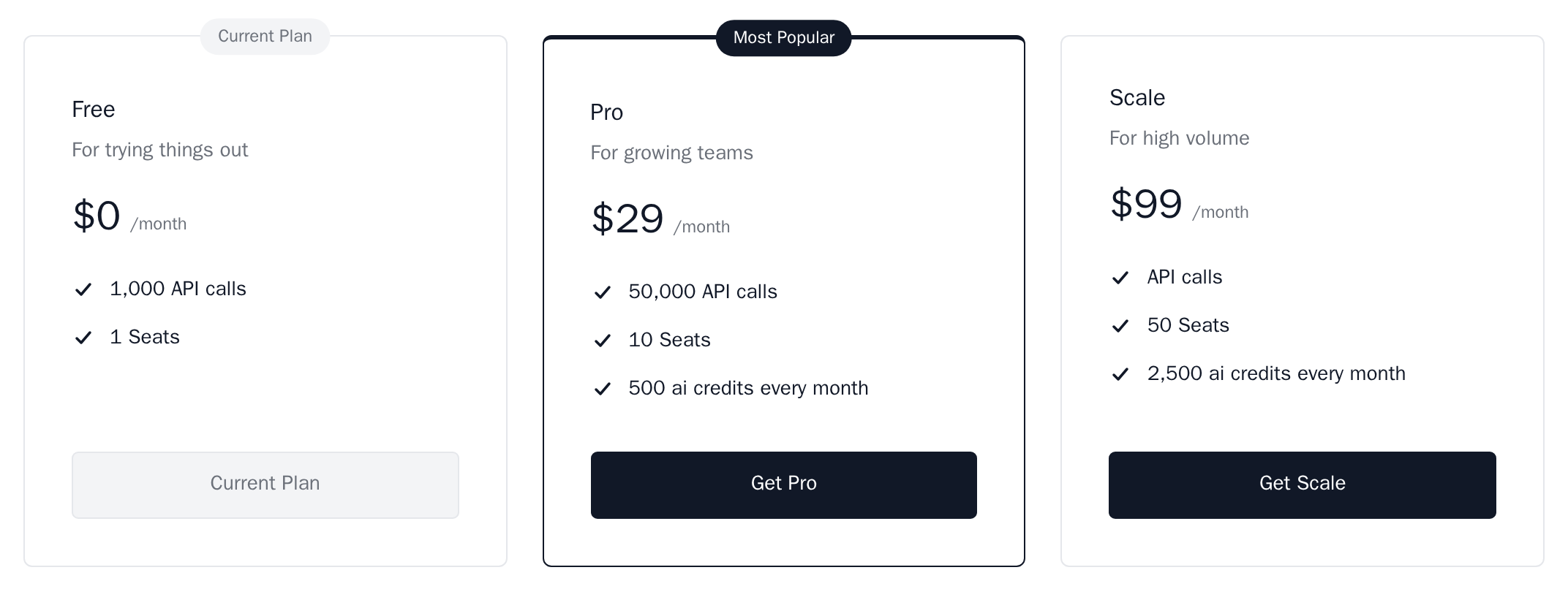 PricingTable in the minimal theme with the Pro card outlined