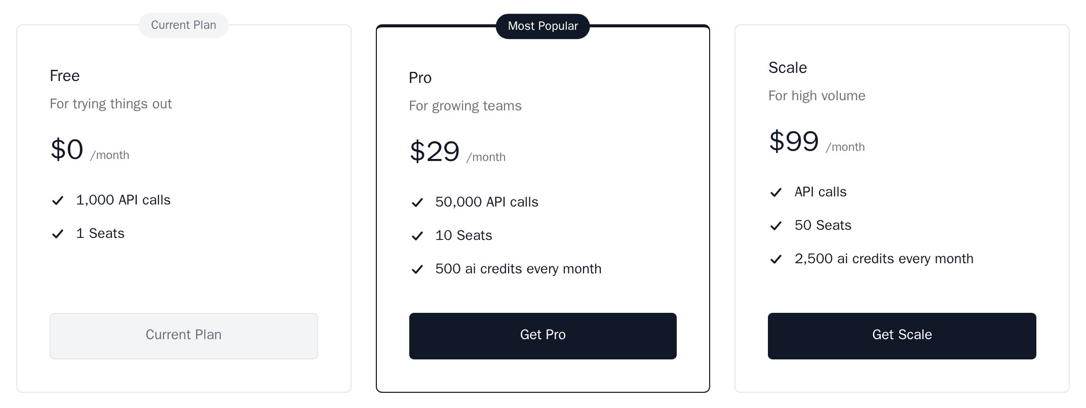 PricingTable in the minimal theme with the Pro card outlined