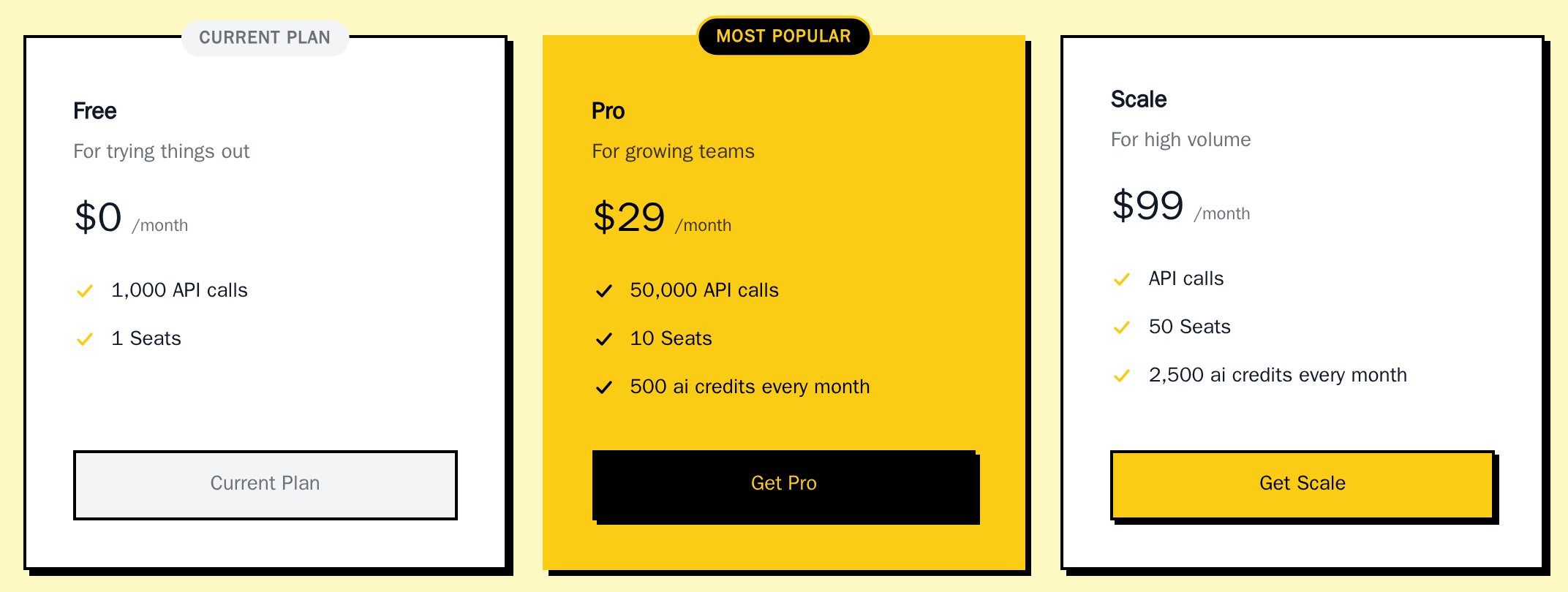 PricingTable in the neobrutal theme with the Pro card filled