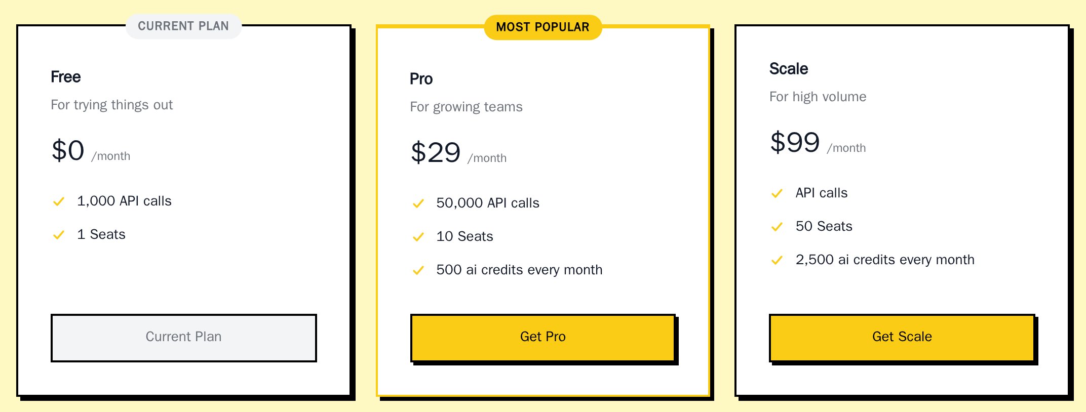 PricingTable in the neobrutal theme with the Pro card outlined