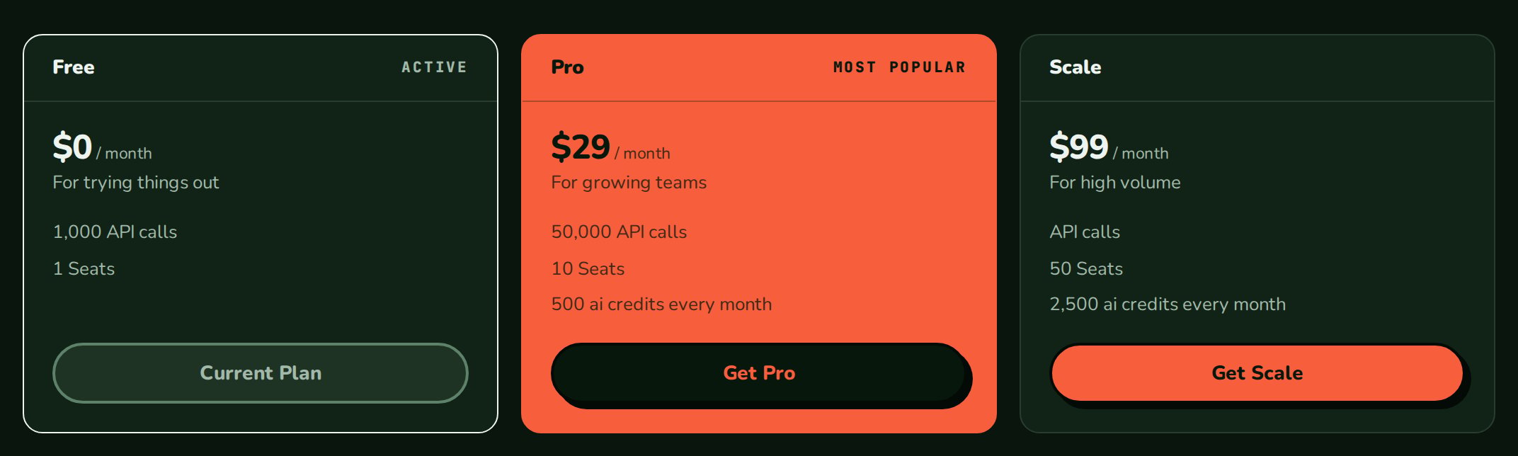 PricingTable in the nozleDark theme with the Pro card filled
