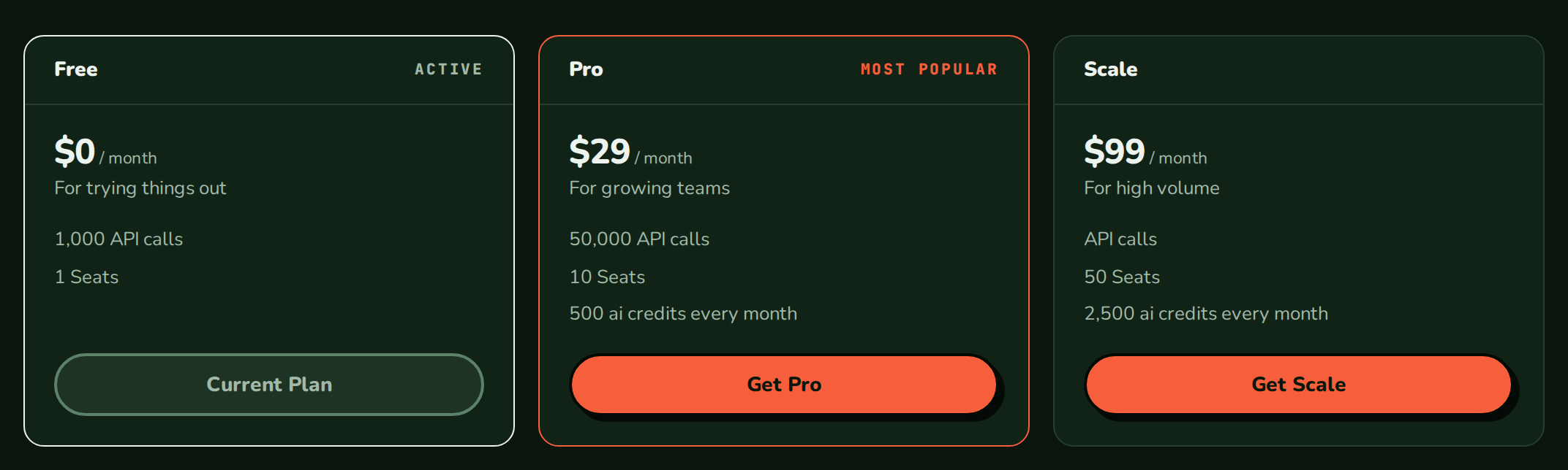 PricingTable in the nozleDark theme with the Pro card outlined