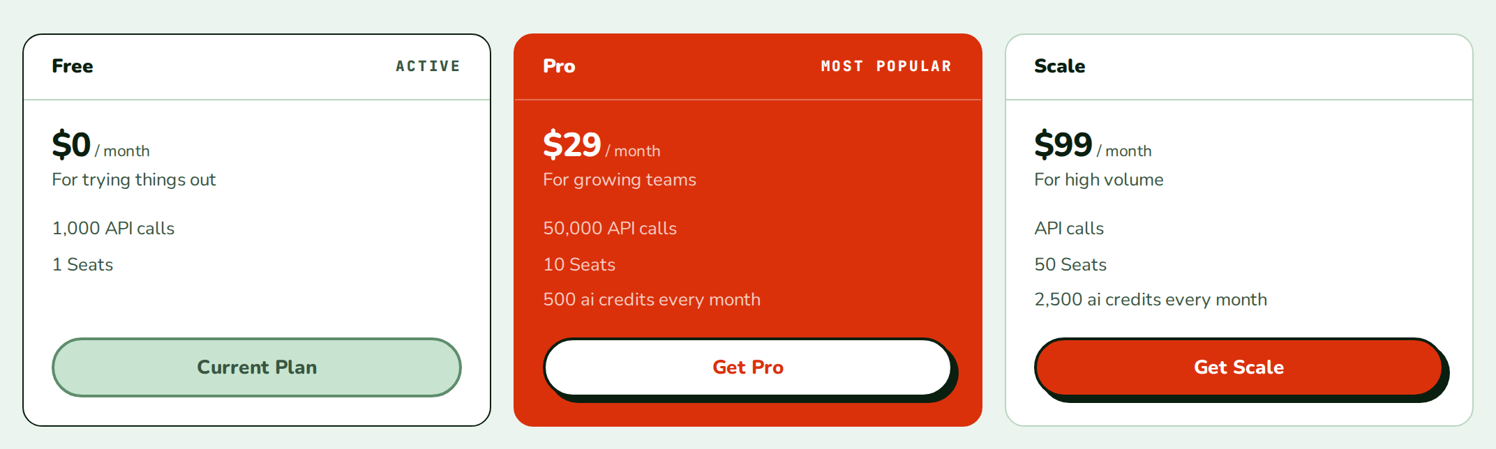 PricingTable in the nozle theme with the Pro card filled