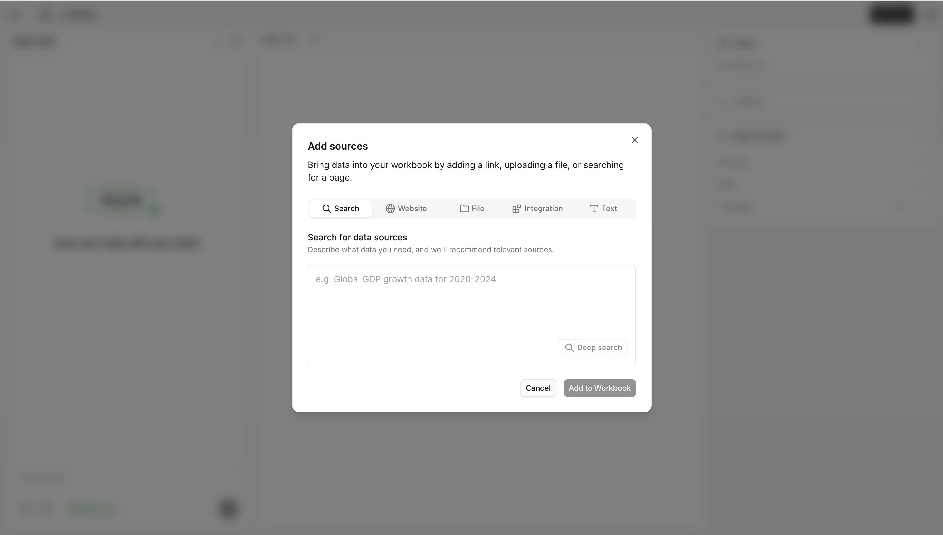 Add sources pop-up with five tabs